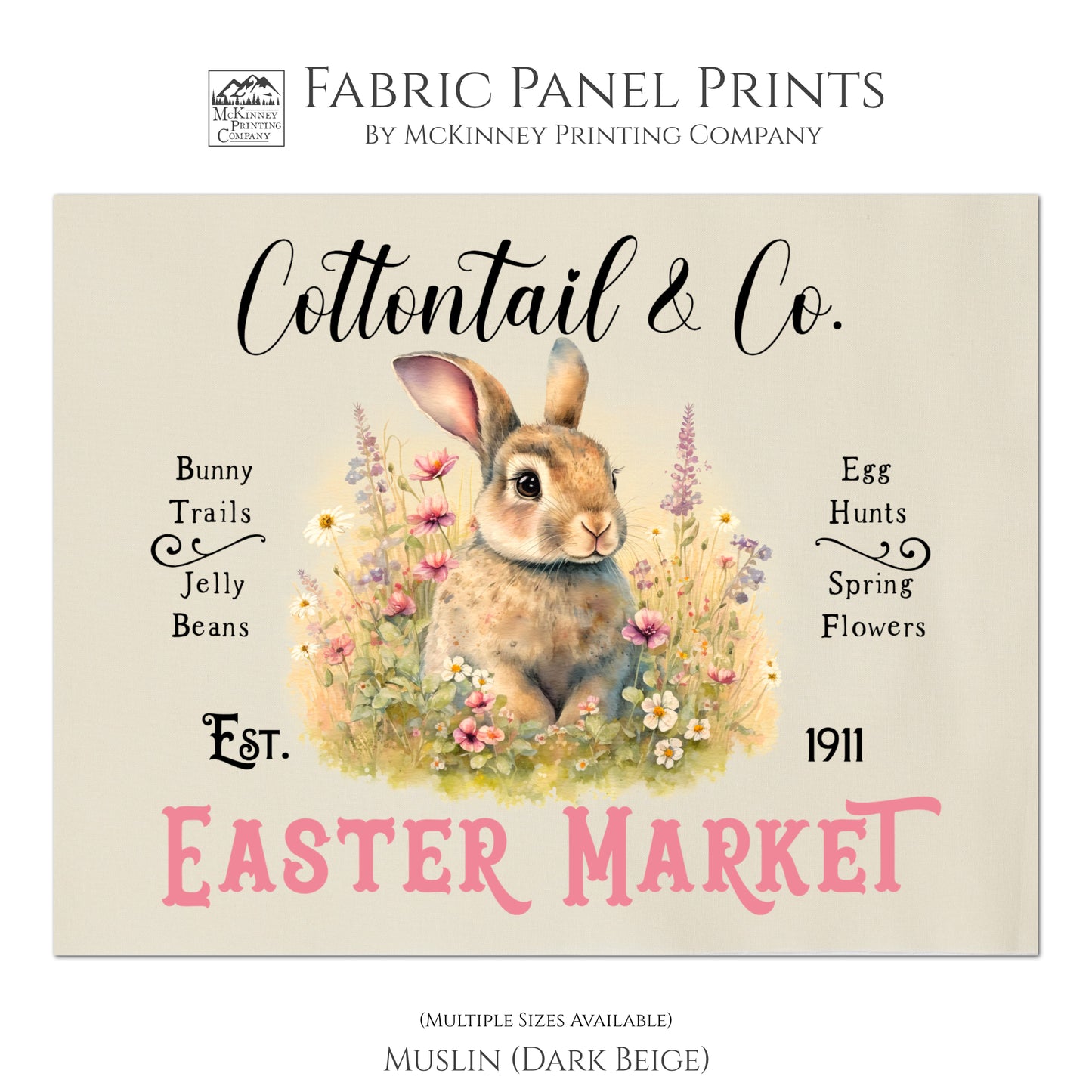 Bunny Fabric - Easter, Rabbit Decor, Floral, Quilt Block Panel, Print, Wall Art, Quilt - Muslin