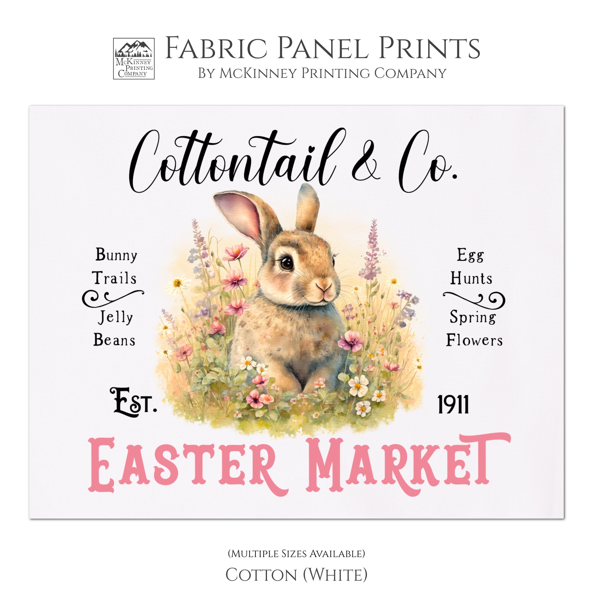 Bunny Fabric - Easter, Rabbit Decor, Floral, Quilt Block Panel, Print, Wall Art, Quilt - Cotton, White
