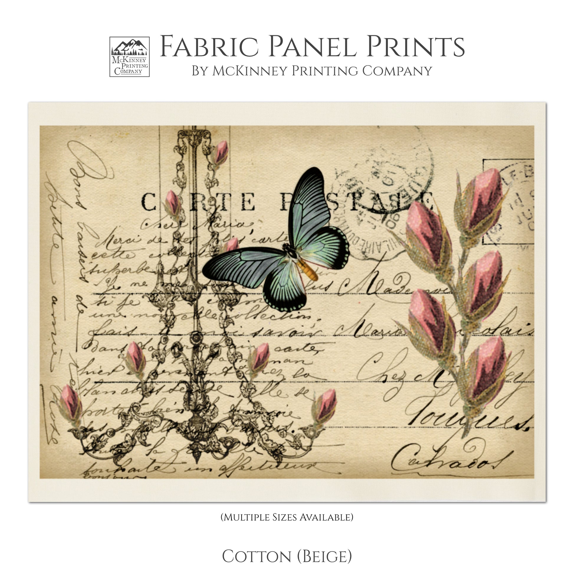 Butterfly Fabric, Shabby Chic Fabric, Bee, Vintage, Post Card, French