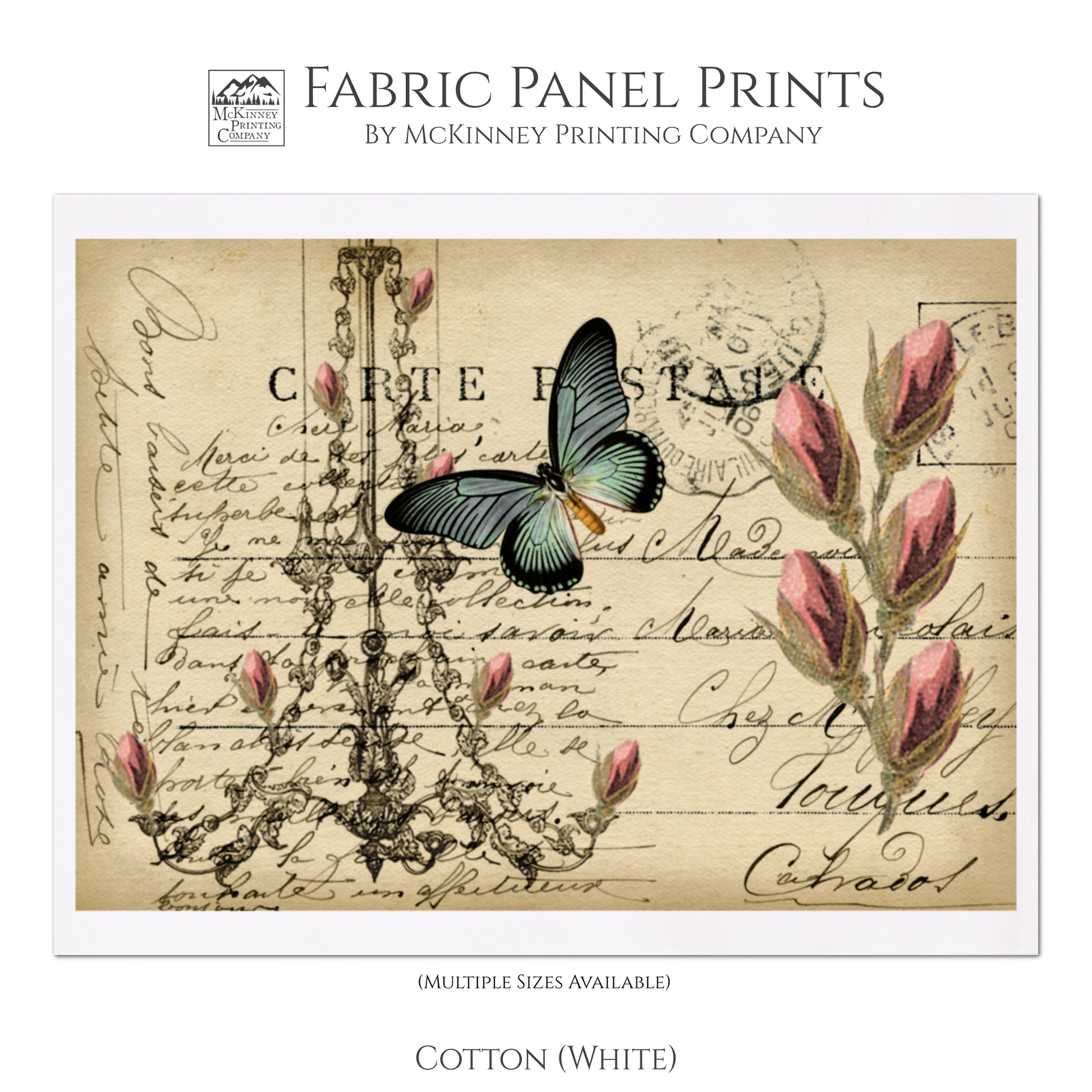 Butterfly Fabric, Shabby Chic Fabric, Bee, Vintage, Post Card, French