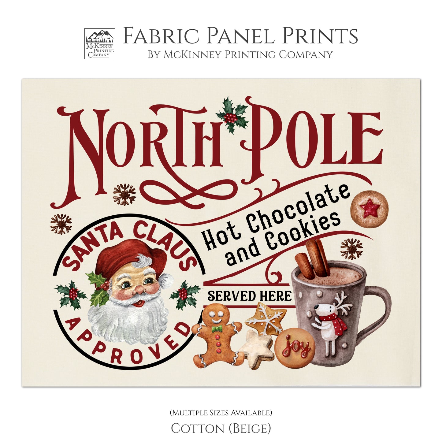 Christmas Fabric Panels, North Pole, Santa Claus, Hot Chocolate and Cookies, Fabric Panel Print, Wall Art, Quilt
