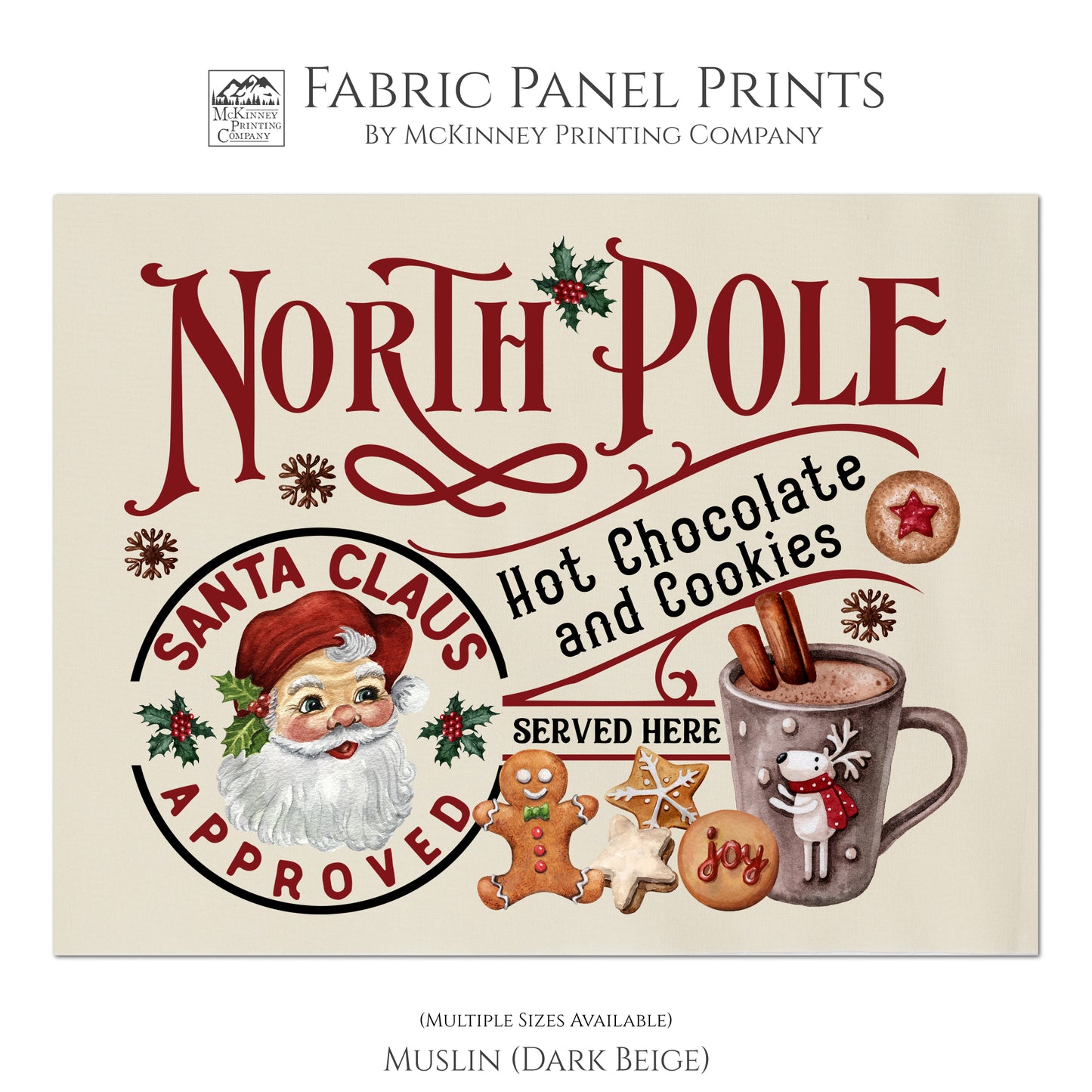 Christmas Fabric Panels, North Pole, Santa Claus, Hot Chocolate and Cookies, Fabric Panel Print, Wall Art, Quilt - Muslin