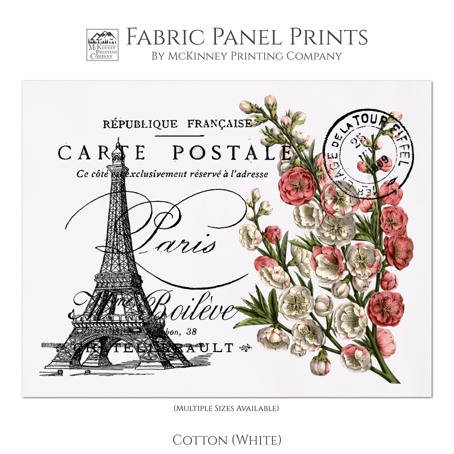 Eiffel Tower, Floral Fabric, Antique French Fabric, Shabby Chic Fabric, Vintage, Post Card