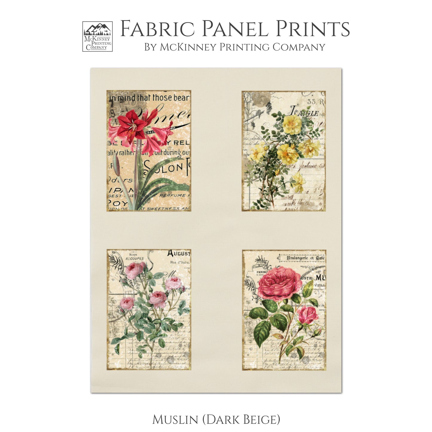 Floral Patches - Fabric Panels, Shabby Chic, Small Print Quilt Block, French Flower - Muslin