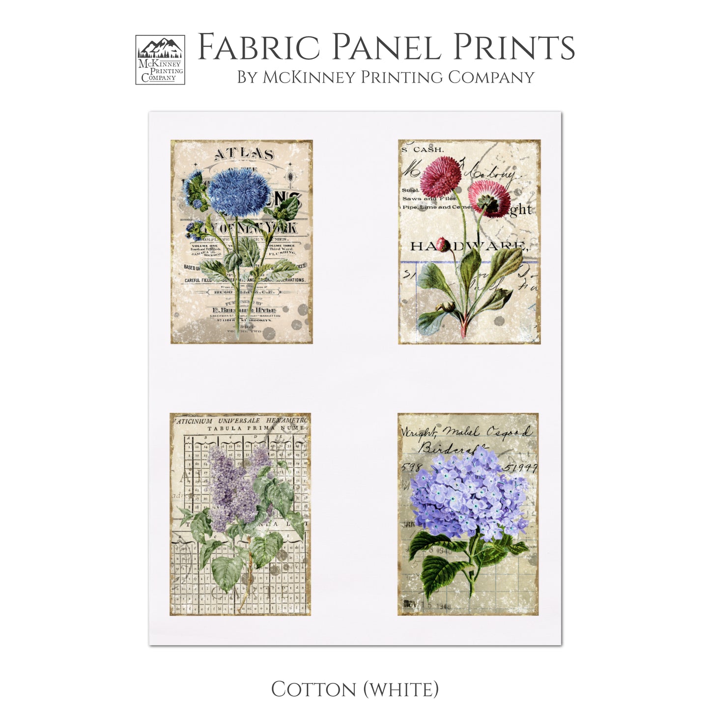 abric Panels - Floral Patches, Shabby Chic, Small Print Quilt Block, French Flower - Cotton, White