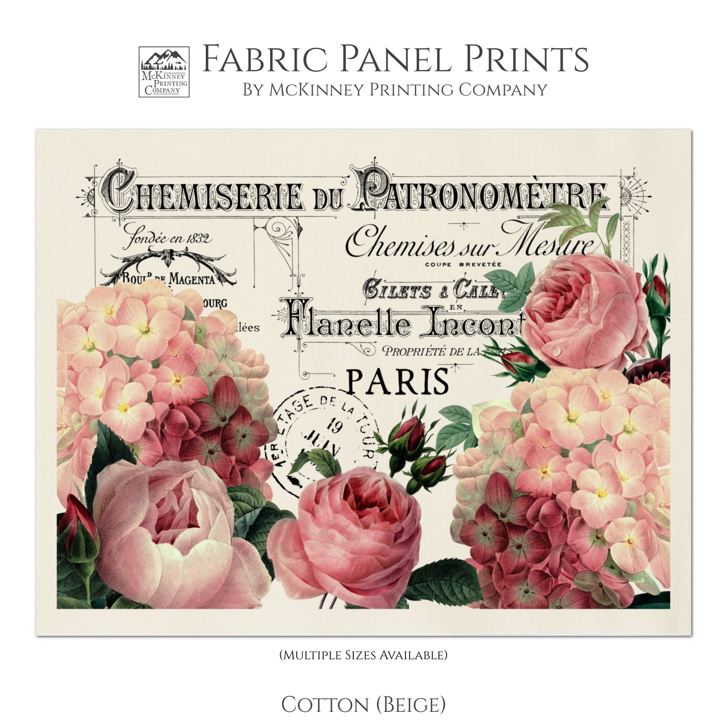 French Floral Fabric, Antique French Fabric, Shabby Chic Fabric, Vintage, Post Card, For Quilting and Wall Art, Cotton - Beige
