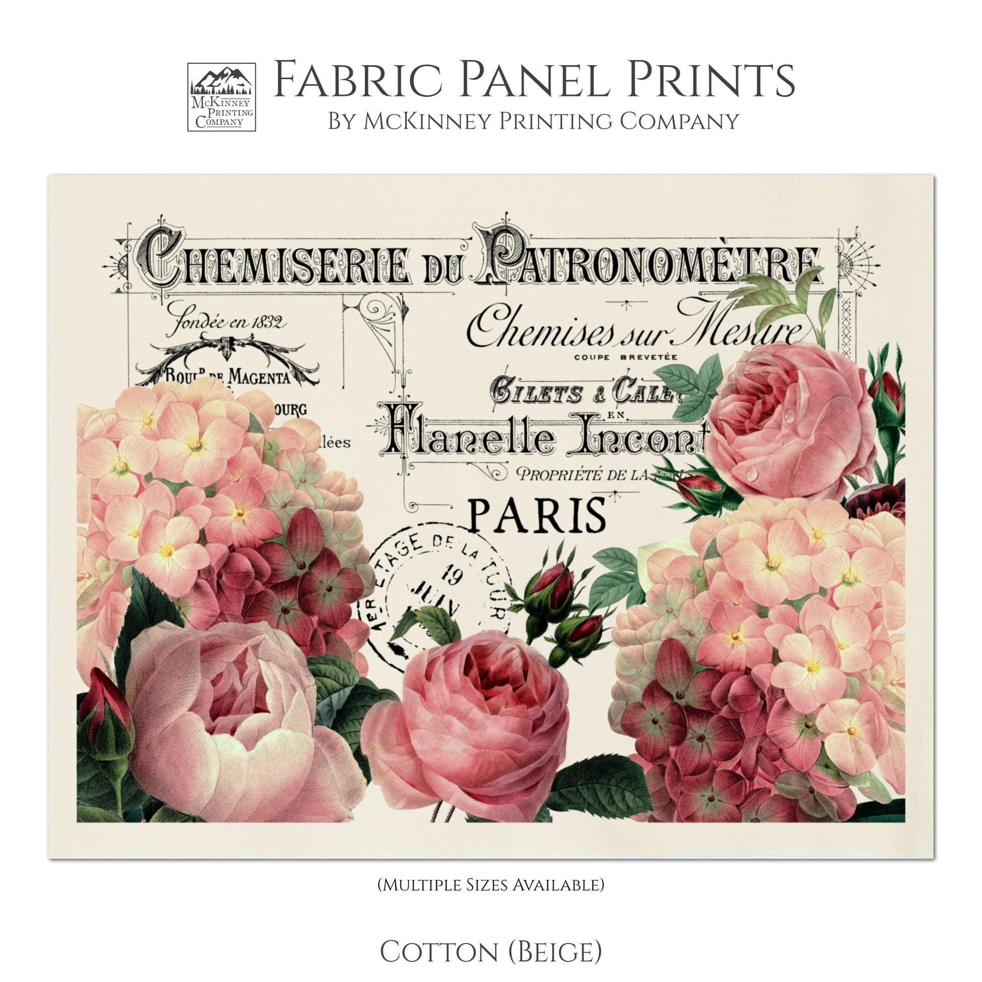 French Floral Fabric, Antique French Fabric, Shabby Chic Fabric, Vintage, Post Card, For Quilting and Wall Art, Cotton - Beige