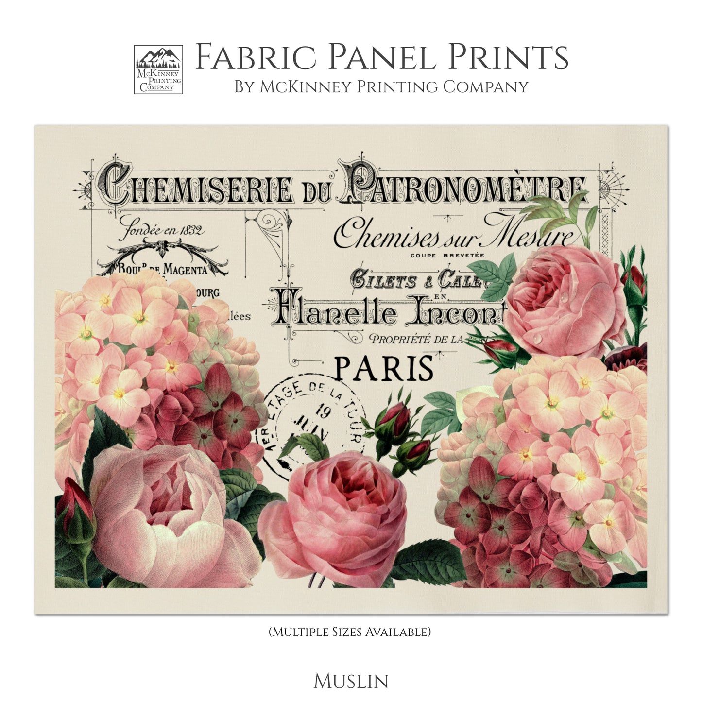French Floral Fabric, Antique French Fabric, Shabby Chic Fabric, Vintage, Post Card, For Quilting and Wall Art - Muslin