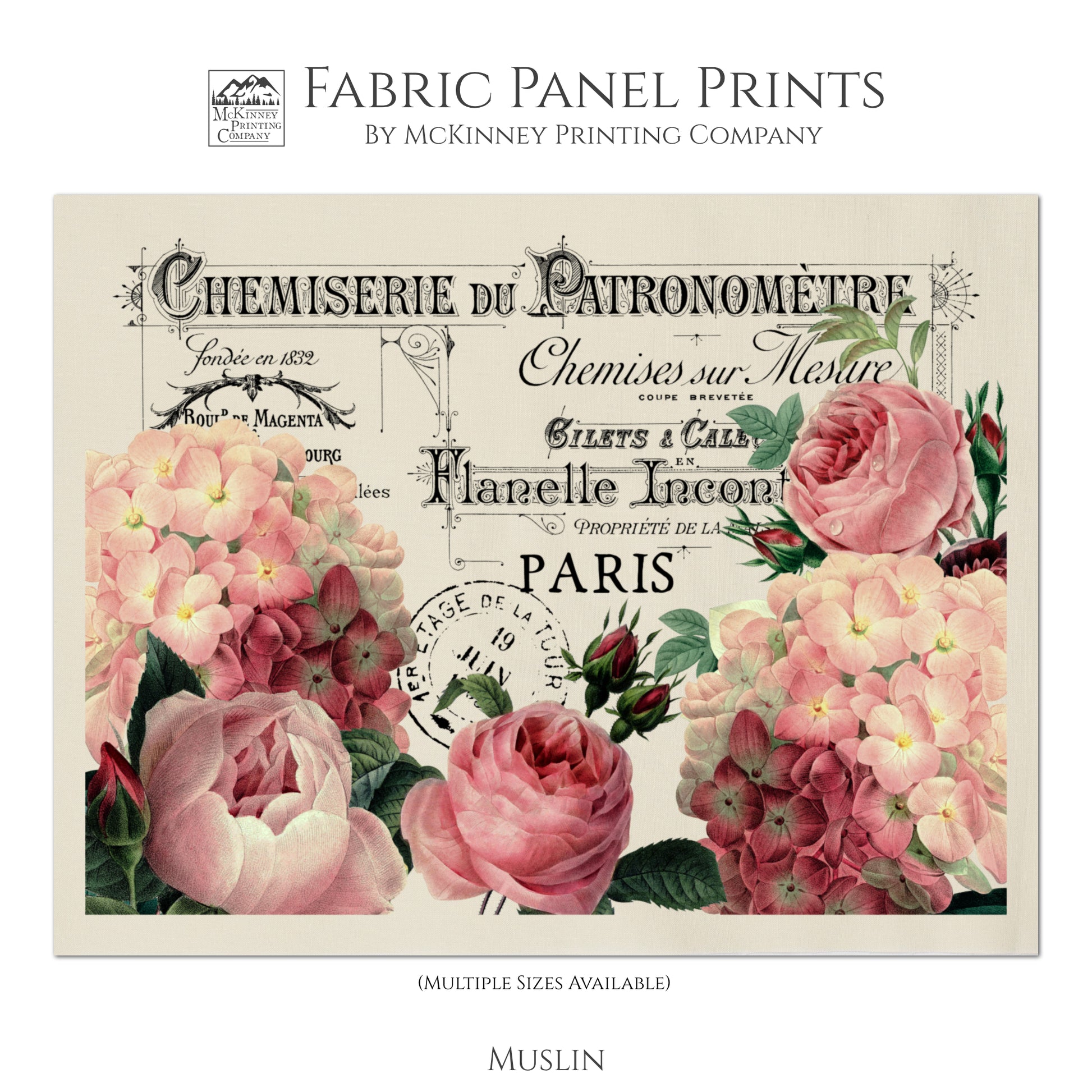 French Floral Fabric, Antique French Fabric, Shabby Chic Fabric, Vintage, Post Card, For Quilting and Wall Art - Muslin
