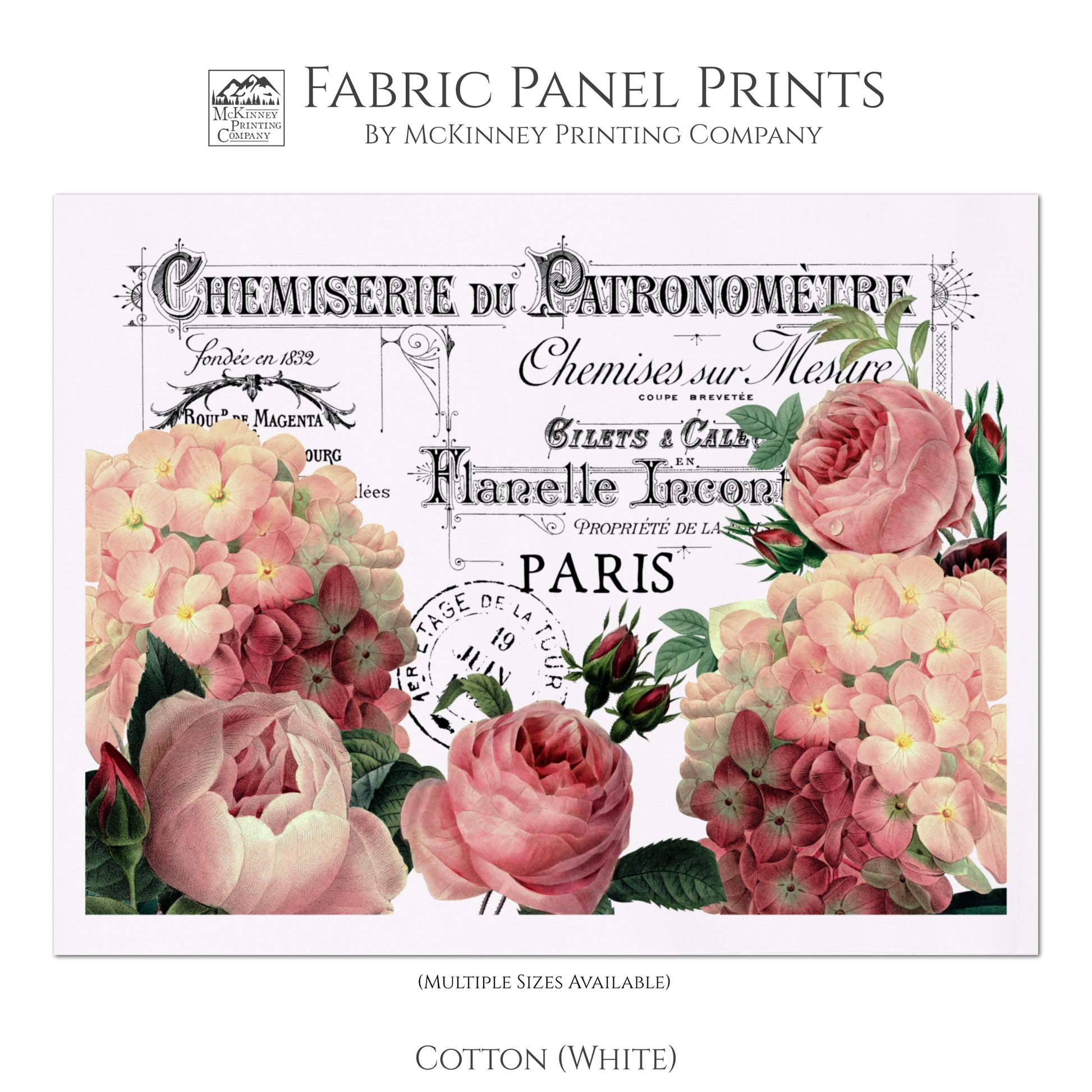 French Floral Fabric, Antique French Fabric, Shabby Chic Fabric, Vintage, Post Card, For Quilting and Wall Art - Cotton, White