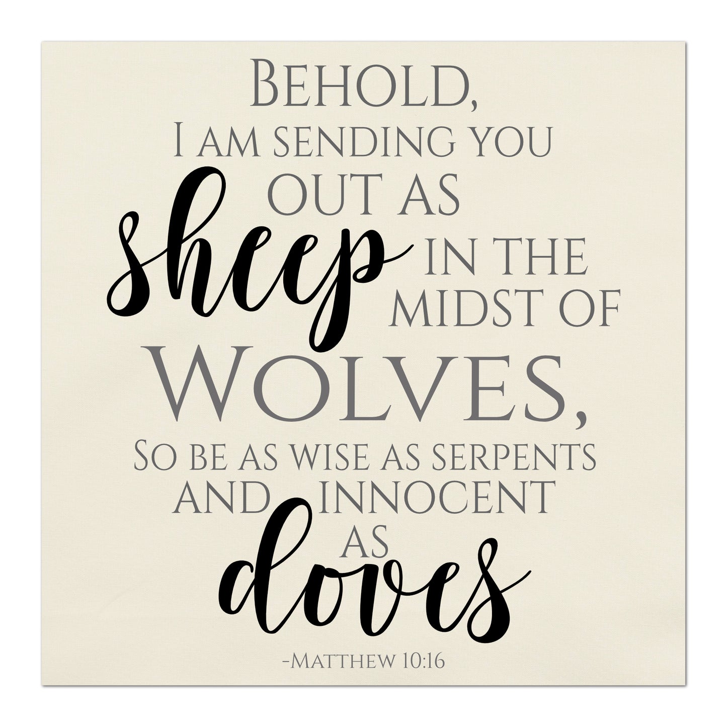 Behold, I am sending you out as sheep in the midst of wolves, so be as wise as serpents and innocent as doves.  - Matthew 10 16, Bible Verse Wall Art, Scripture Fabric, Religious Fabric, Quilt Block