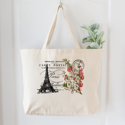 Shabby Chic Bag - Paris, Eiffel Tower, French, Flower, Canvas Tote Bag with Zipper, Large