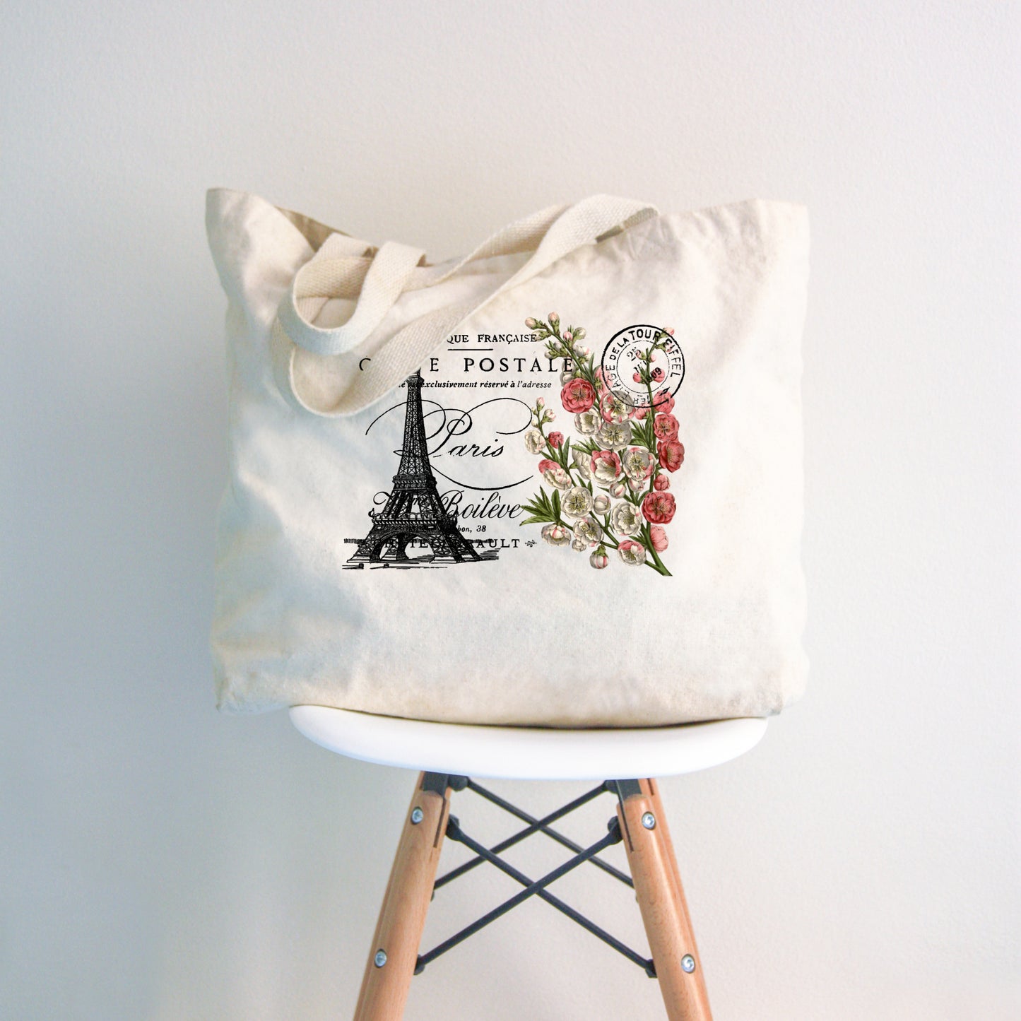 Shabby Chic Bag - Paris, Eiffel Tower, French, Flower, Canvas Tote Bag with Zipper, Large