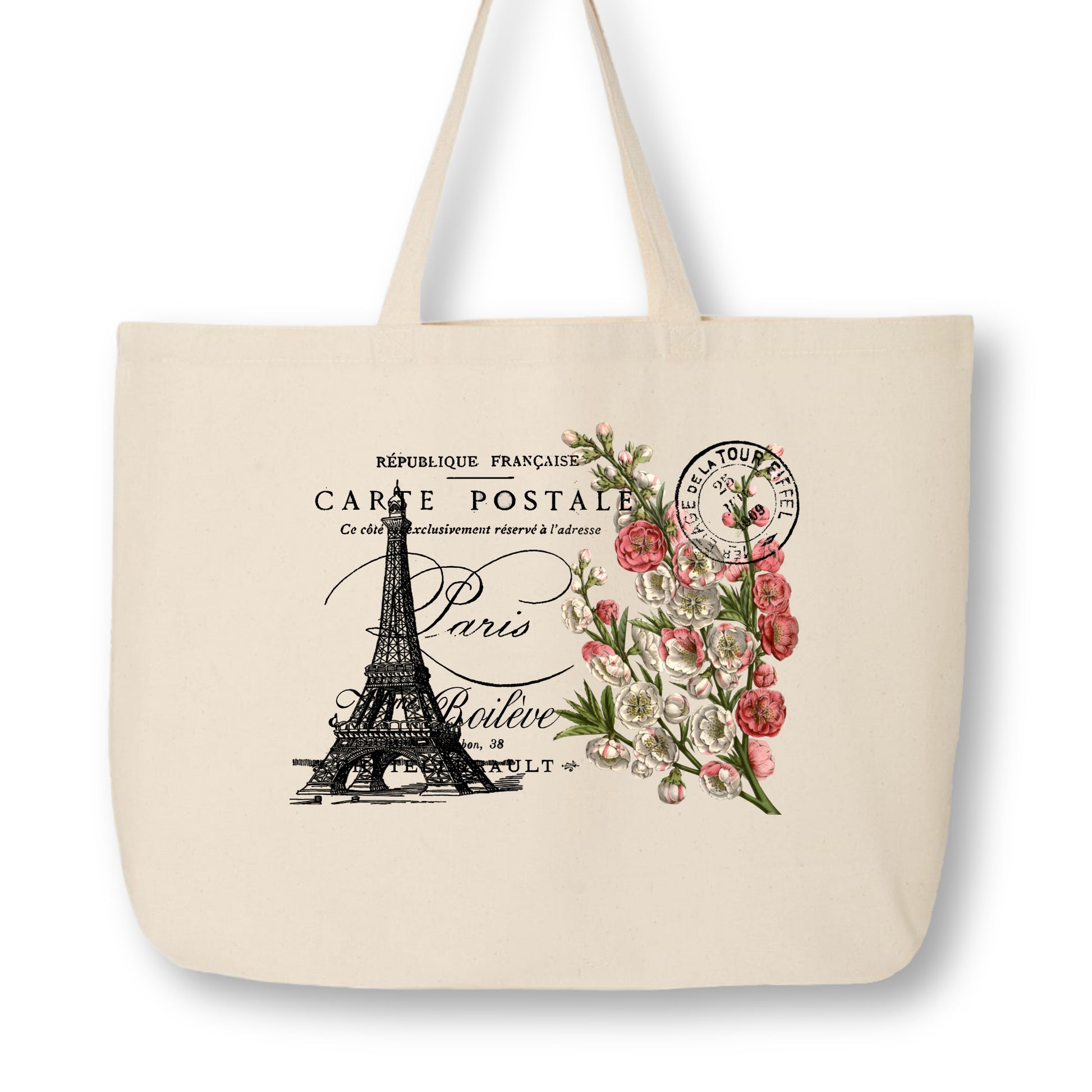 Shabby Chic Bag, Paris, Floral, Eiffel Tower, Flower, Aesthetic, Cute, Canvas Tote Bag with Zipper, Large