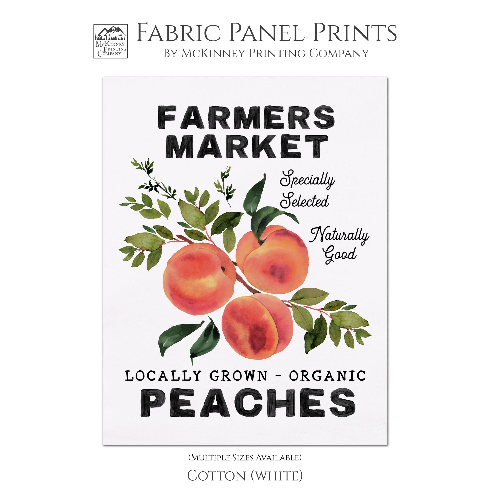 Peaches, Farmers Market, Kitchen Decor, Fabric Panel Print, Wall Art, Quilt Block, Fruit Fabric - Cotton, White