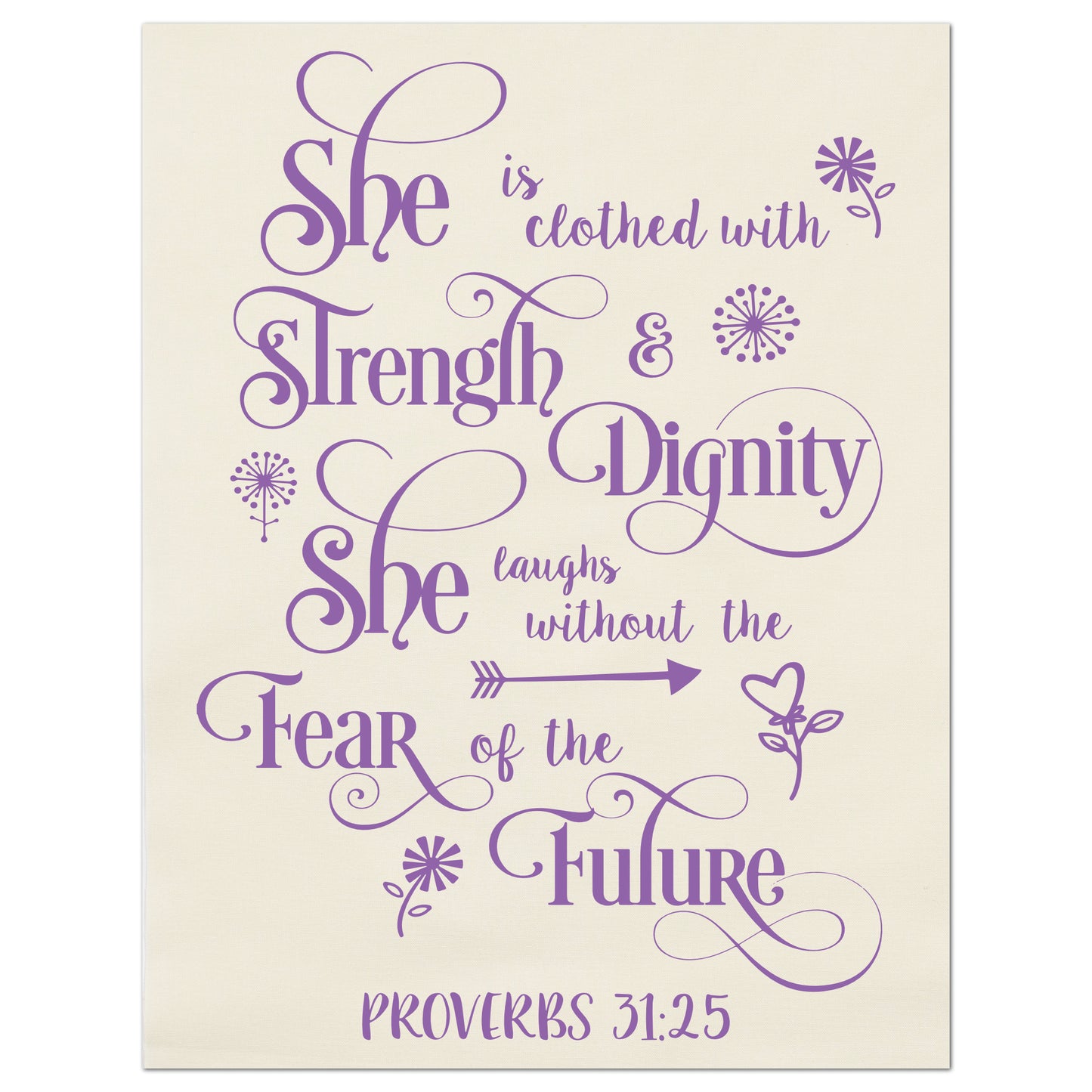 She is clothed with strength and dignity.  She Laughs without the fear of the future - Proverbs 31:25 - Fabric Panel Print, Quilt Block, Religious, Scripture, Christian