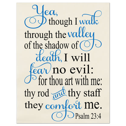 Yea, though I walk through the valley of the shadow of death, I will fear no evil:  for thou art with me: they rod and they staff they comfort me - Psalm 23:4 - Scripture Fabric, Panel, Quilt Block