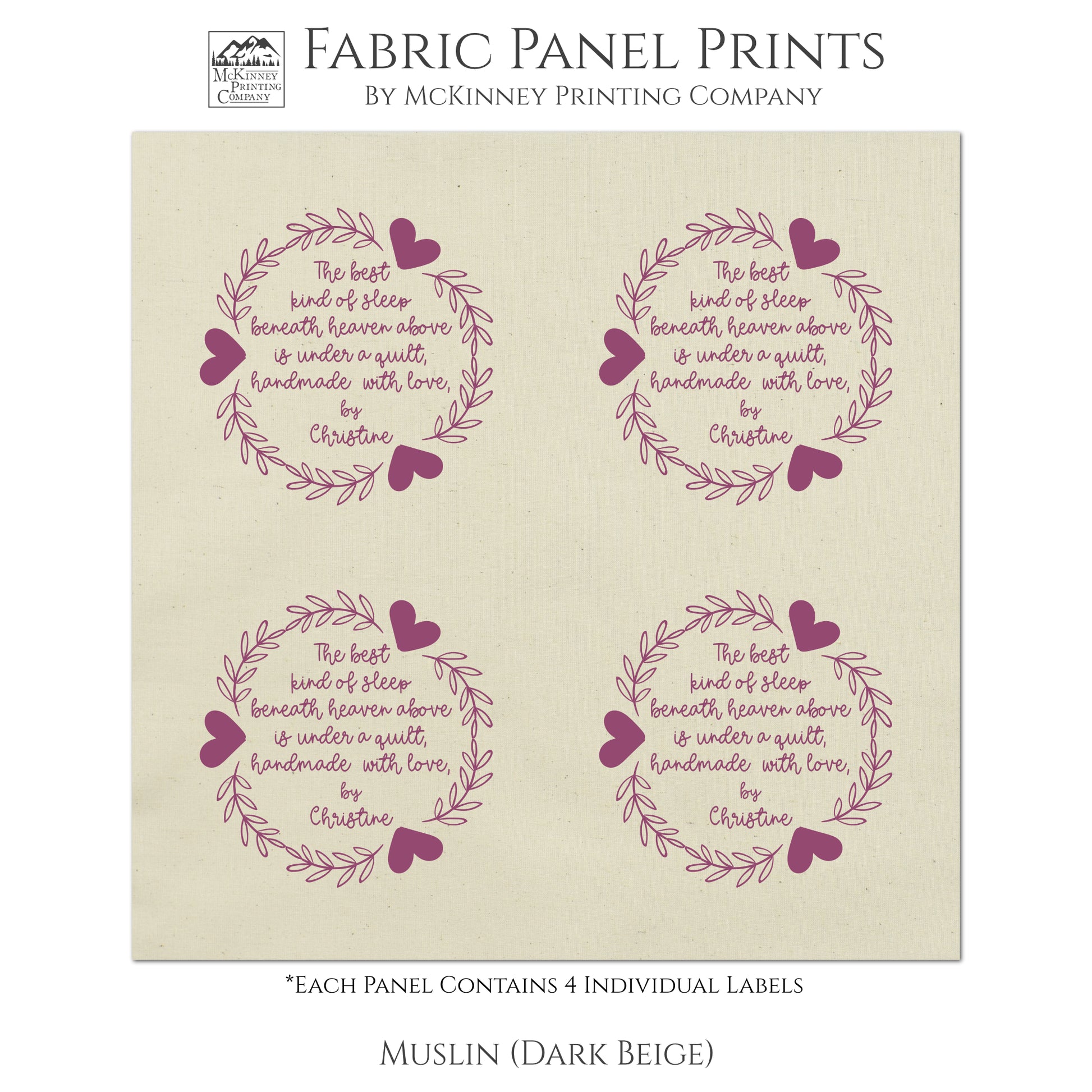 Quilt Labels - The Best kind of sleep beneath heaven above is under a quilt, handmade with love - Personalized, Fabric Tags - Muslin