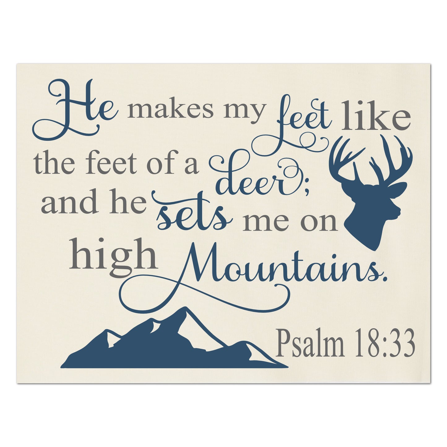 He makes my feet like the feet of a deer; and he sets me on high mountains - Psalm 18:33 - Christian Fabric Panel Print, Quilt Block, Scripture Fabric