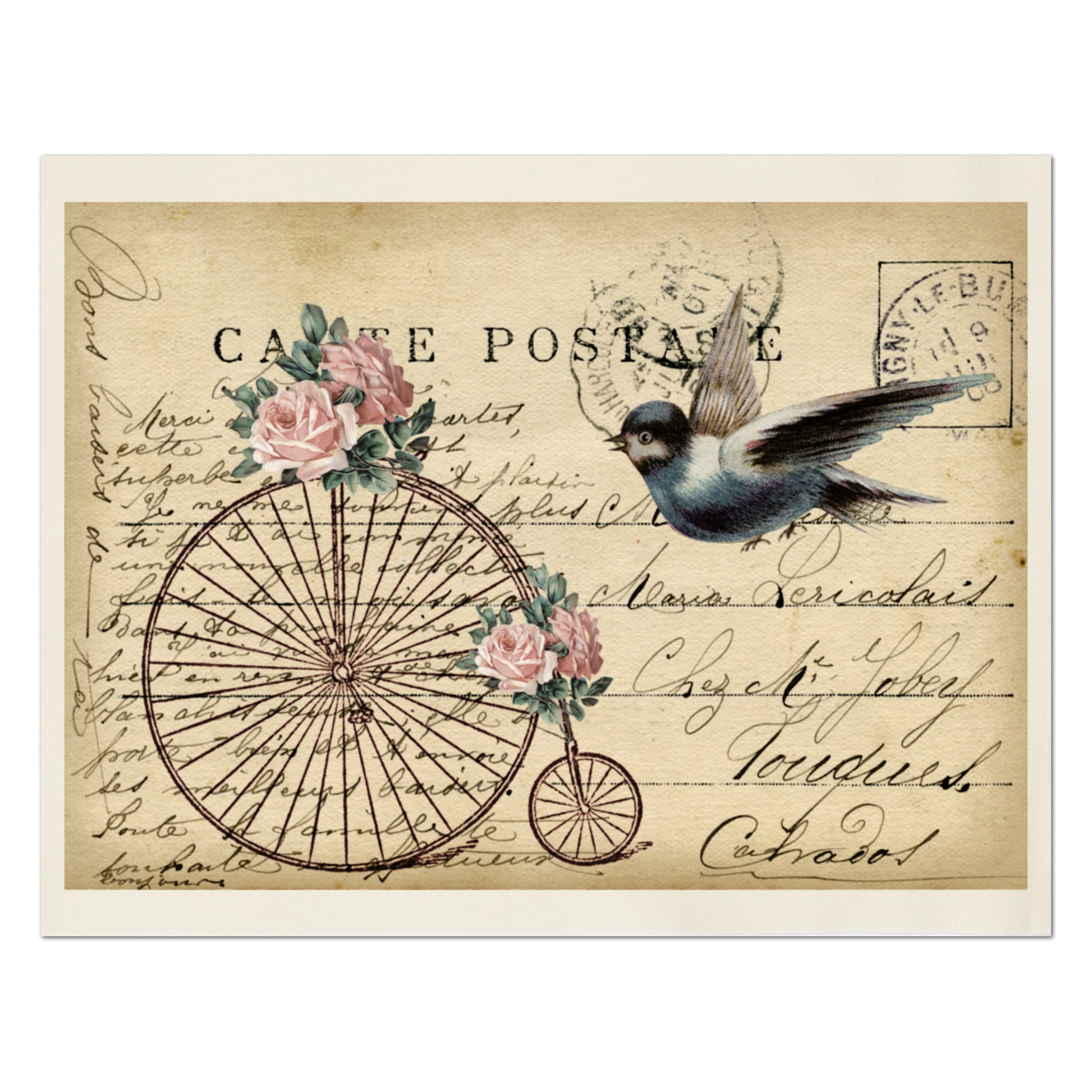 Antique French Fabric, Bike, Blue Bird, Shabby Chic Fabric, Vintage, Post Card
