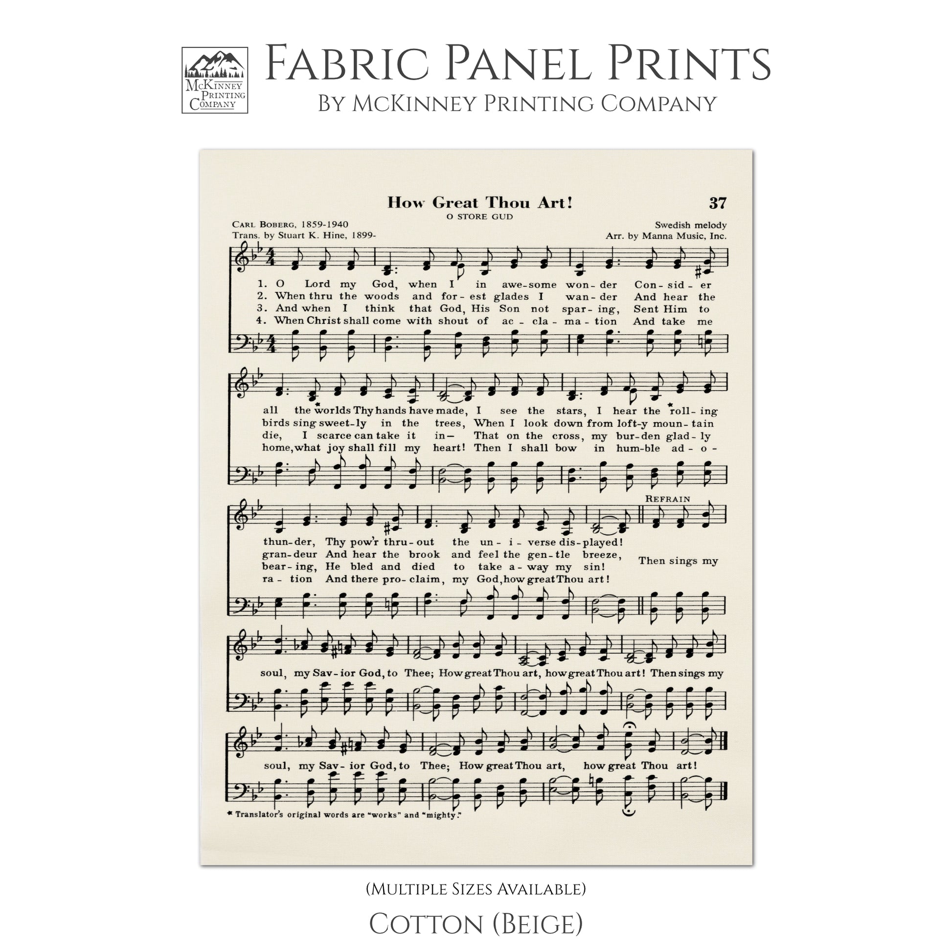How Great Thou Art - Lyrics, Sheet Music, Fabric Panel, Quilt Block, Fabric Panel Print - Cotton
