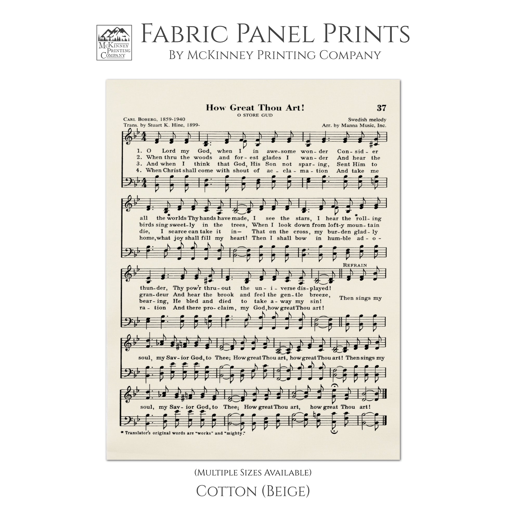 How Great Thou Art - Lyrics, Sheet Music, Fabric Panel, Quilt Block, Fabric Panel Print - Cotton