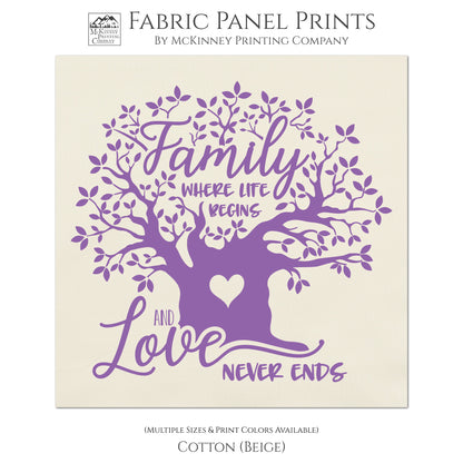 Family Tree, Fabric Panels, Saying, Where Life Begins, Love Never Ends, Cotton, Quilting, Quilt, Wall Art, Muslin - Cotton