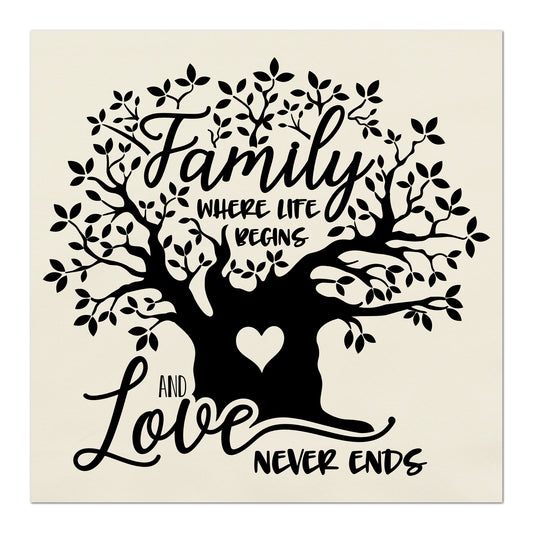 Family Tree, Fabric Panels, Saying, Where Life Begins, Love Never Ends, Cotton, Quilting, Quilt, Wall Art, Muslin