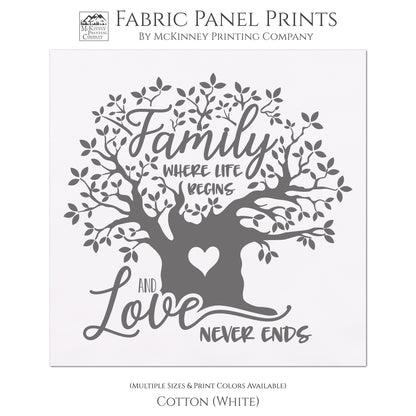 Family Tree, Fabric Panels, Saying, Where Life Begins, Love Never Ends, Cotton, Quilting, Quilt, Wall Art, Muslin - Cotton, White