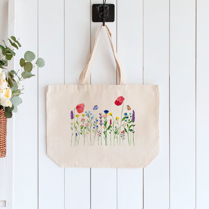 Floral Tote Bag - Flower, Wildflower, Canvas Tote Bag with Zipper, Large, Fabric Shoulder Bag