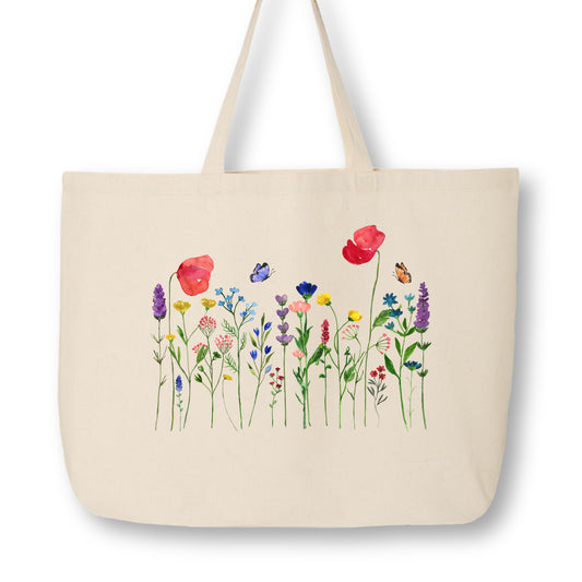 Floral Tote Bag, Flower, Wildflower, Aesthetic, Cute, Canvas Tote Bag with Zipper, Large Canvas Bag