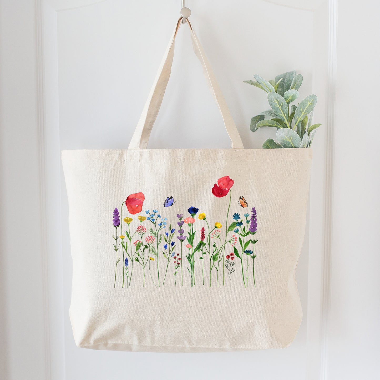 Floral Tote Bag - Flower, Wildflower, Canvas Tote Bag with Zipper, Large, Fabric Shoulder Bag